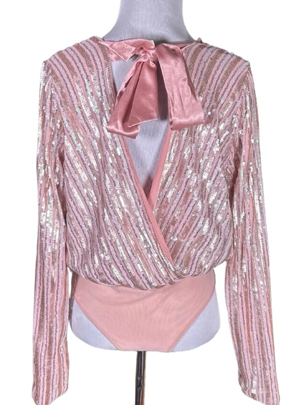 Honey Punch Pink Sequin Wrap Bodysuit with Satin Back Tie